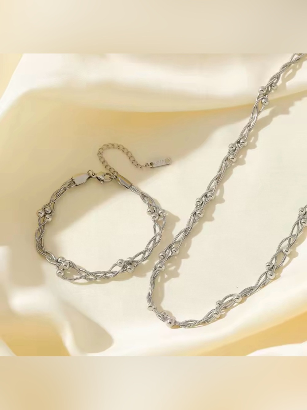 Jewerly Set Stainless Steel Silver Bead Winding Chain Necklace Bracelets Set